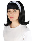 50's Flip | Women's Black Color Straight Shoulder Length 50's Flip Wig with White Headband |