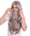 Long Wizard Wig and Beard Set | Grey Storybook & Fairytale Wigs | Premium Breathable Capless Cap