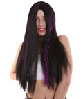 Womens Long Black Wig with Purple Tinsel Streaks | Halloween Rave Wig | Premium Breathable Capless Cap