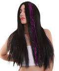 Womens Long Black Wig with Purple Tinsel Streaks | Halloween Rave Wig | Premium Breathable Capless Cap