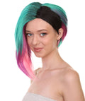 Video Game Character, Teal Blue Pink Ombre Color Half Side Punk Mohawk Wig, Premium Halloween Wig