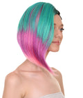 Video Game Character, Teal Blue Pink Ombre Color Half Side Punk Mohawk Wig, Premium Halloween Wig